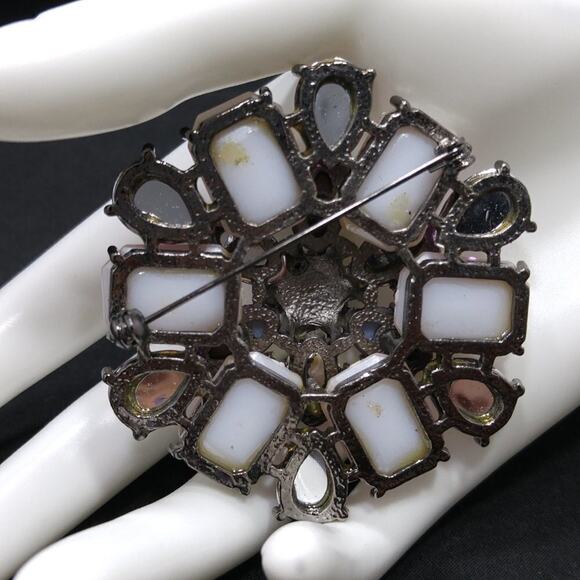 Purple White Cabochons Gunmetal Gray Brooch, Lavender Purple Rhinestones, 2 1/2" - Picture 4 of 6